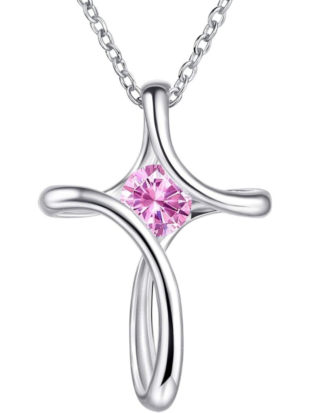 Women's Pink Diamond Sideways Sterling Silver Birthstone Cross Necklace Chain